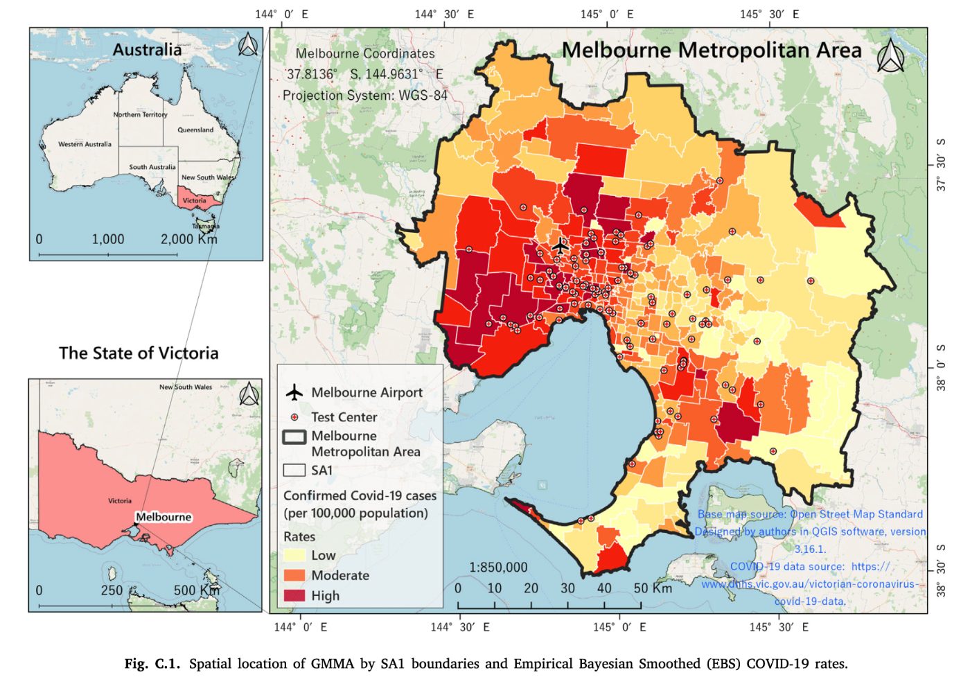Spatial location of Greater Melbourne by SA1 boundaries with COVID-19 rates